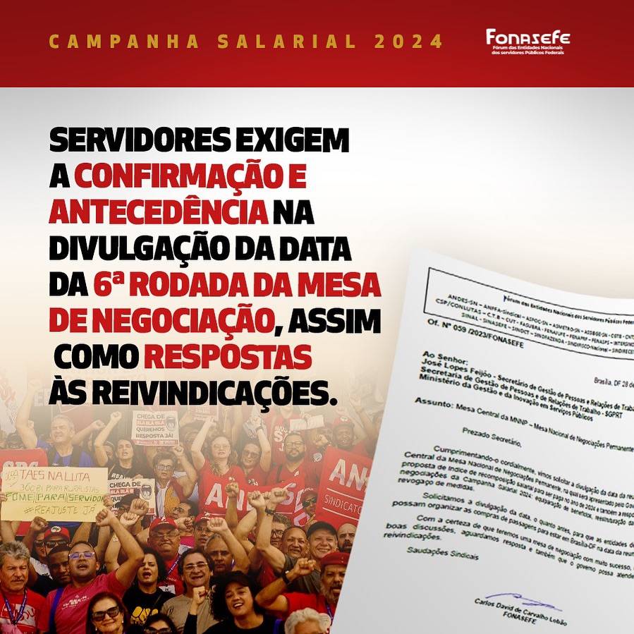 Campanha Salarial 2024: Fonasefe protocola ofício exigindo antecedência na divulgação de data da próxima rodada da MNNP