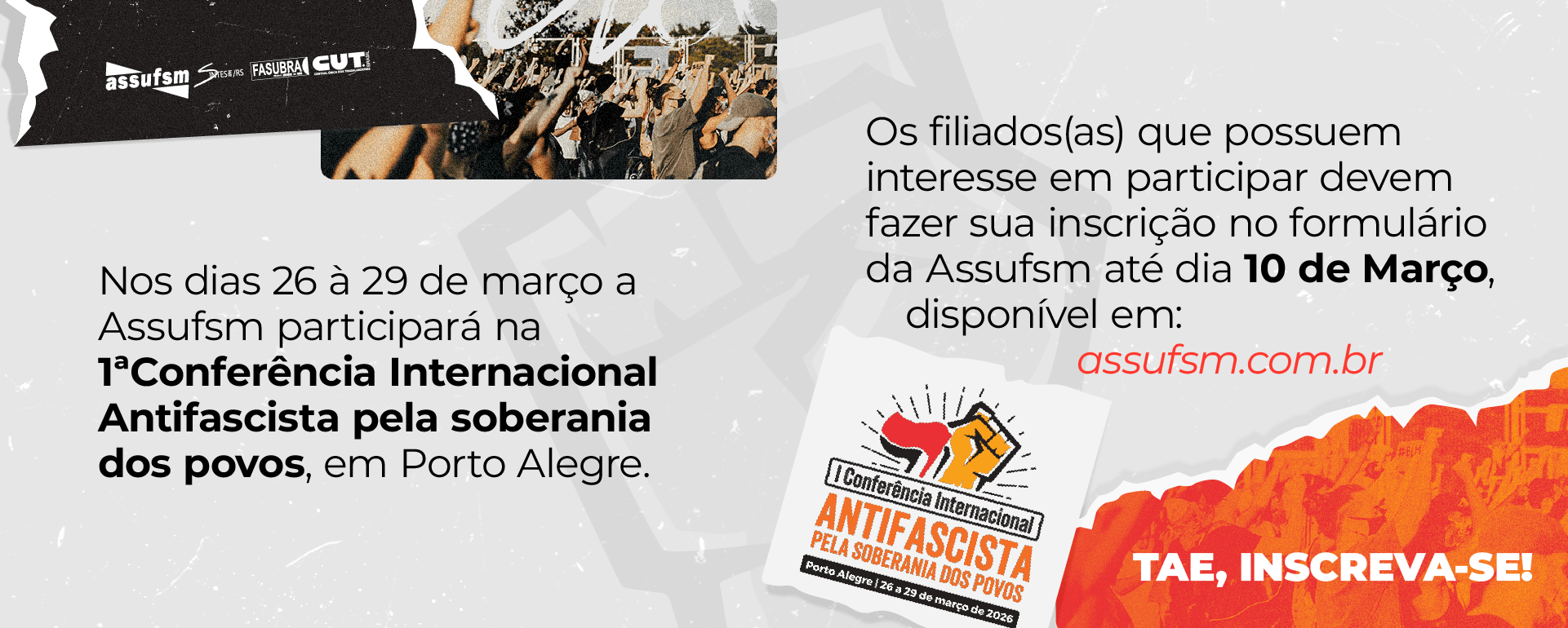 Assufsm participará da I Conferência Internacional Antifascista na capital gaúcha de 26 a 29 de março; inscreva-se