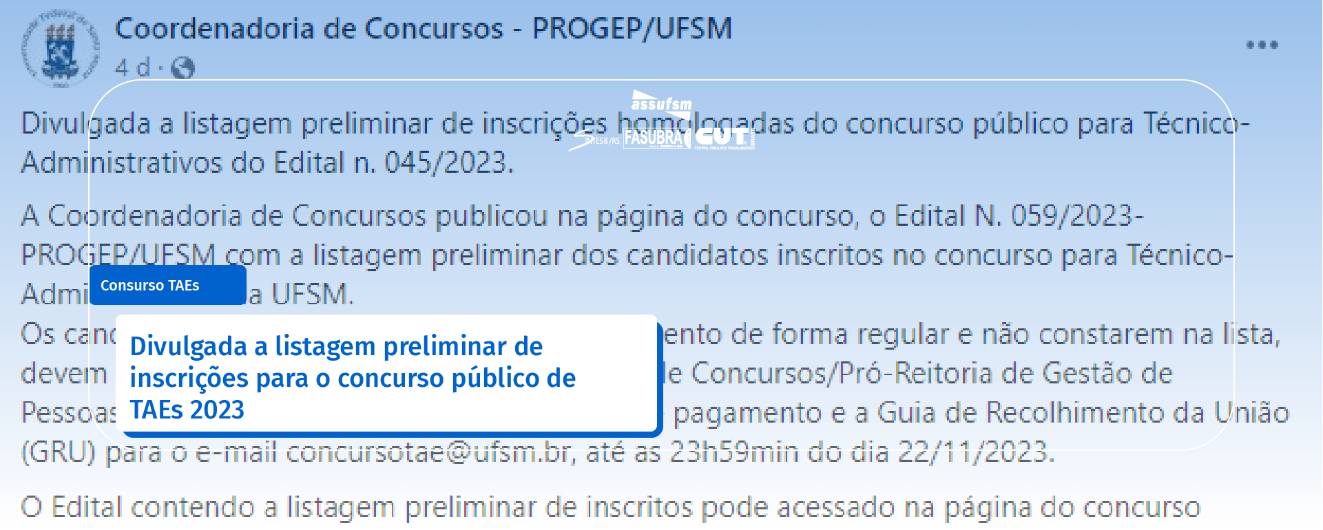 Divulgada a listagem preliminar de inscrições para o concurso público de TAEs 2023