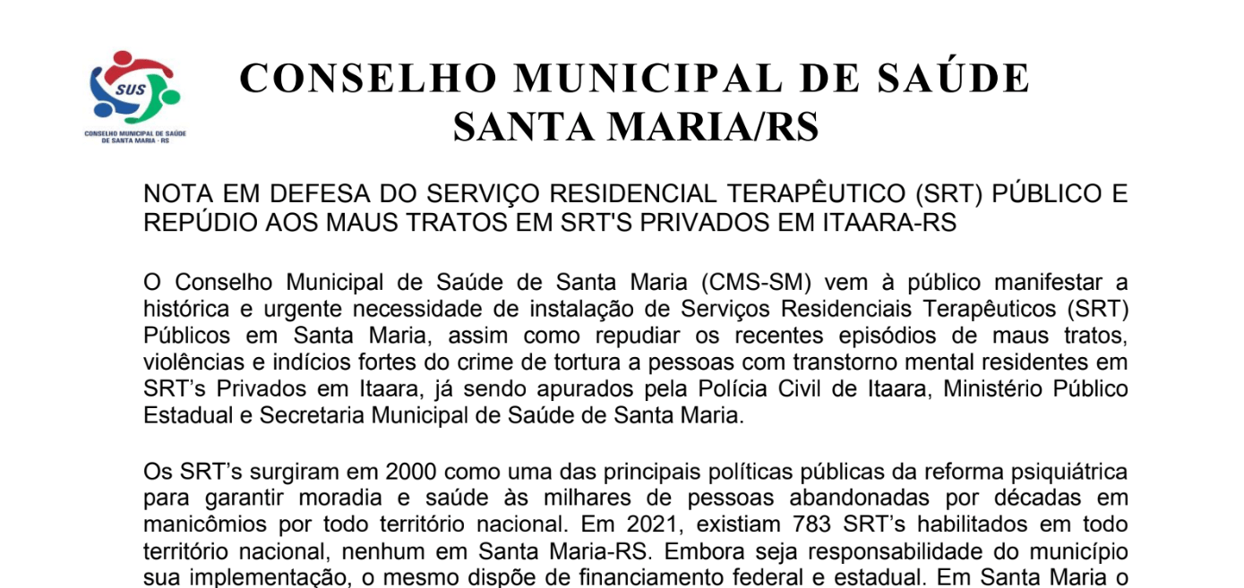 CMS divulga nota em defesa do Serviço Residencial Terapêutico (SRT) Público e repúdio aos maus tratos em SRT’s privadas de Itaara/RS