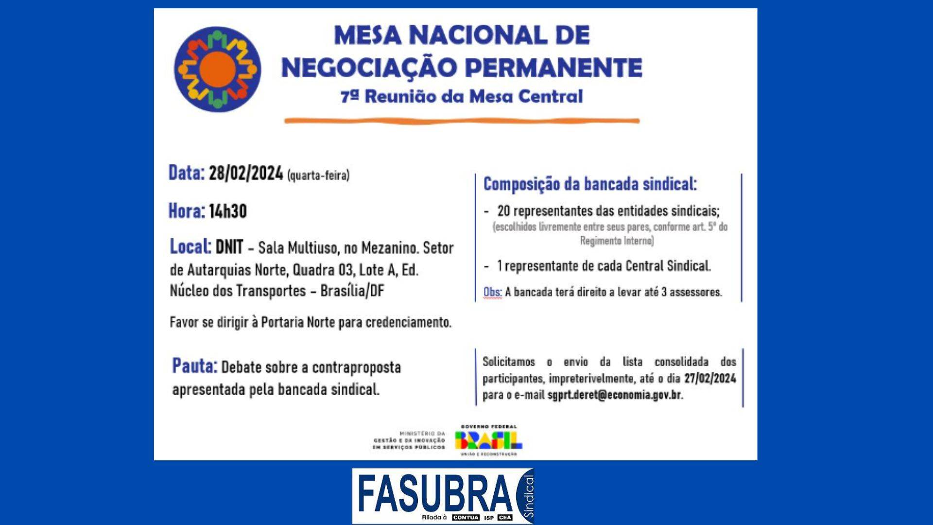 MGI agenda a 7ª reunião da Mesa Nacional de Negociação Permanente