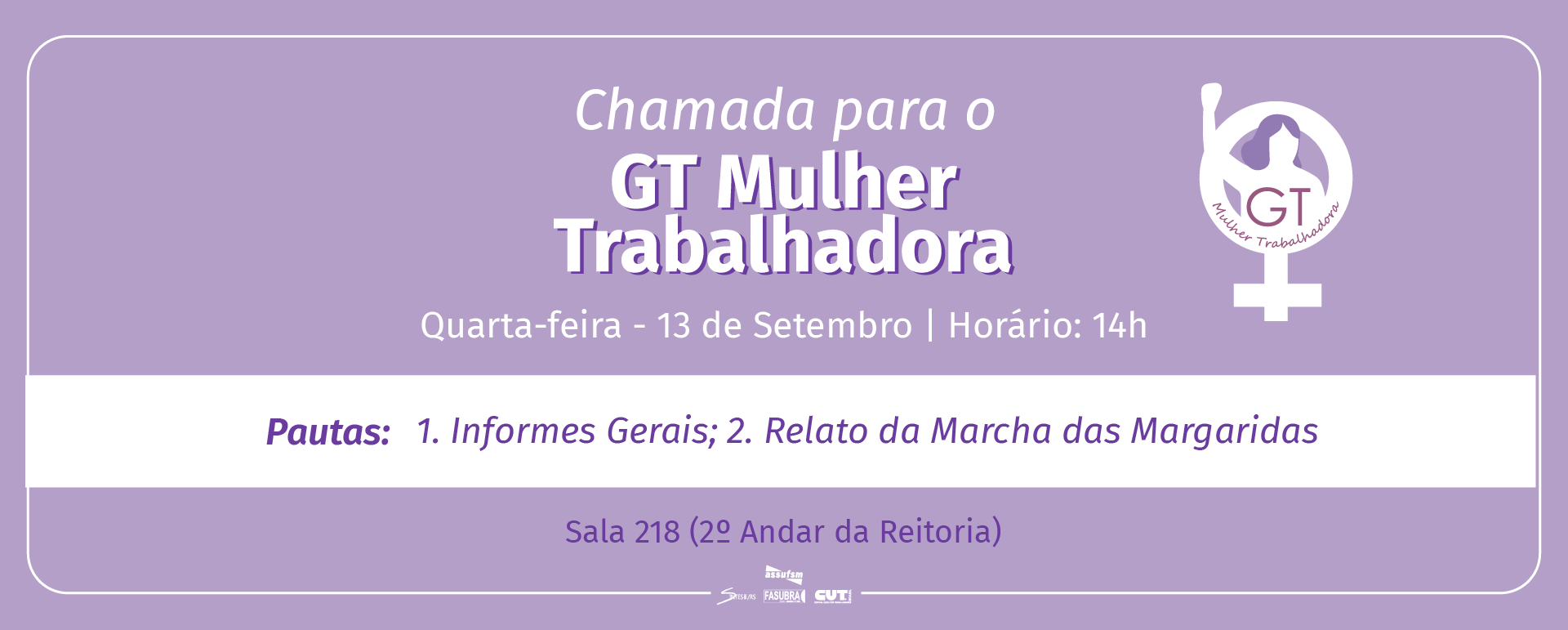 GT Mulheres Trabalhadoras da Assufsm será no dia 13 de setembro