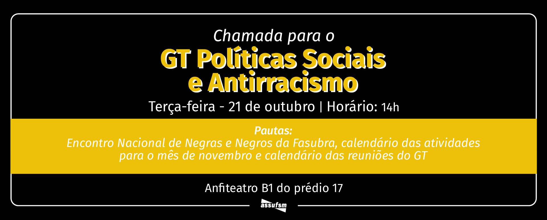 GT Políticas Sociais e Antirracismo se reúne na próxima terça-feira (21)