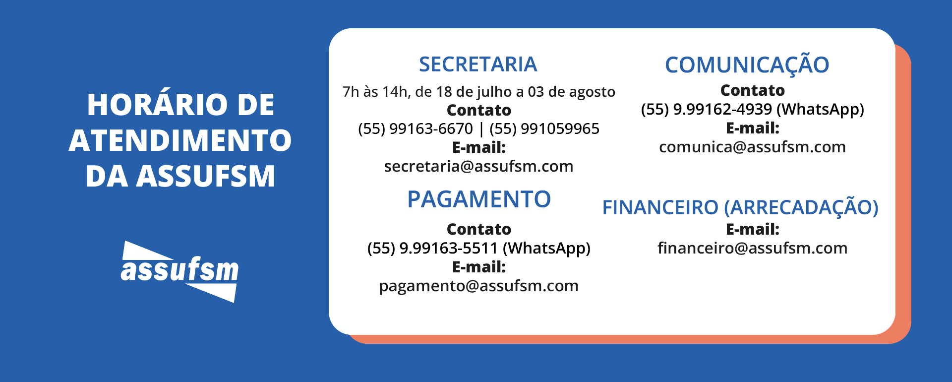 Confira os horários de funcionamento da Assufsm durante o recesso das férias de inverno da UFSM