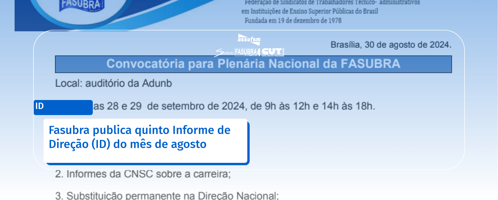 Fasubra publica quinto Informe de Direção (ID) do mês de agosto de 2024