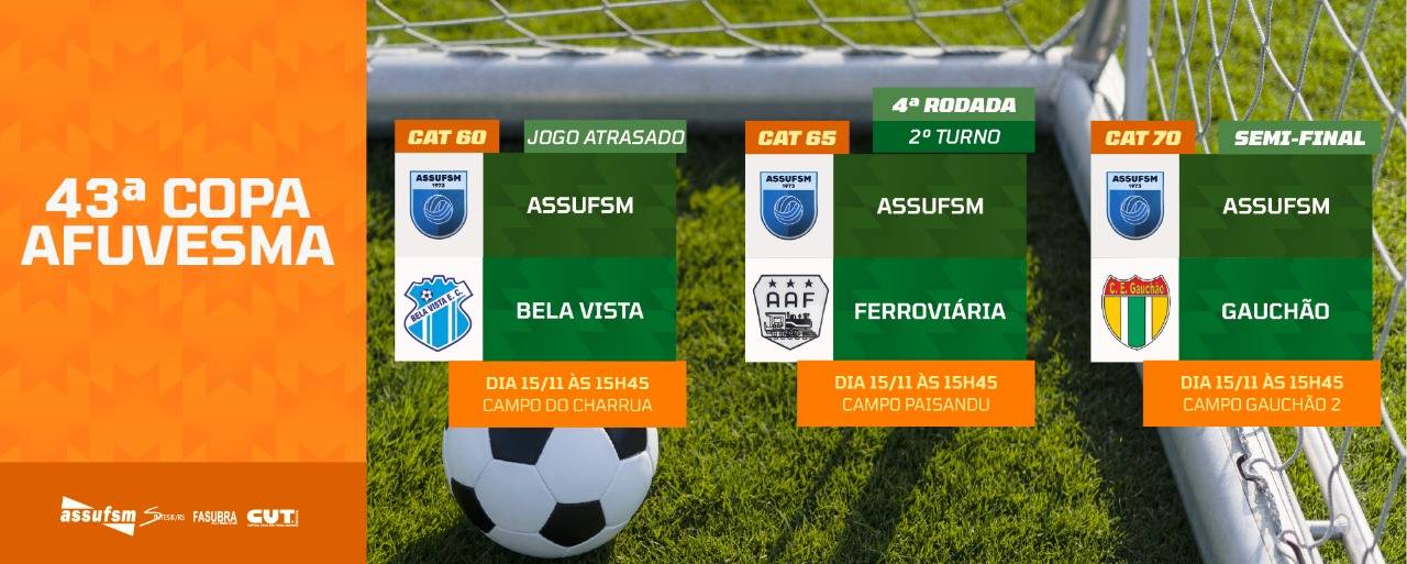 FUTEBOL: Confira os jogos das categorias 60, 65 e 70 anos da Assufsm na Copa AFUVESMA 2025 para o próximo sábado (15)