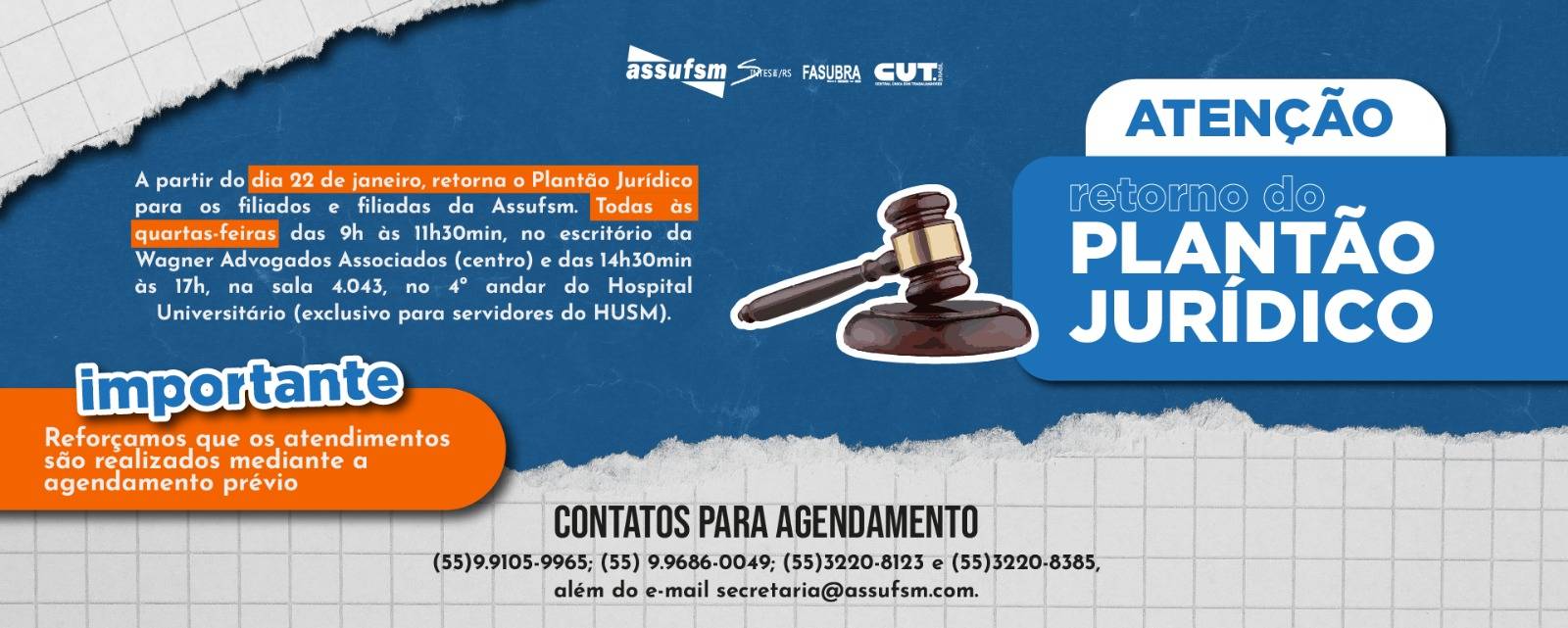 Plantão Jurídico da Assufsm irá retornar na próxima quarta (22)