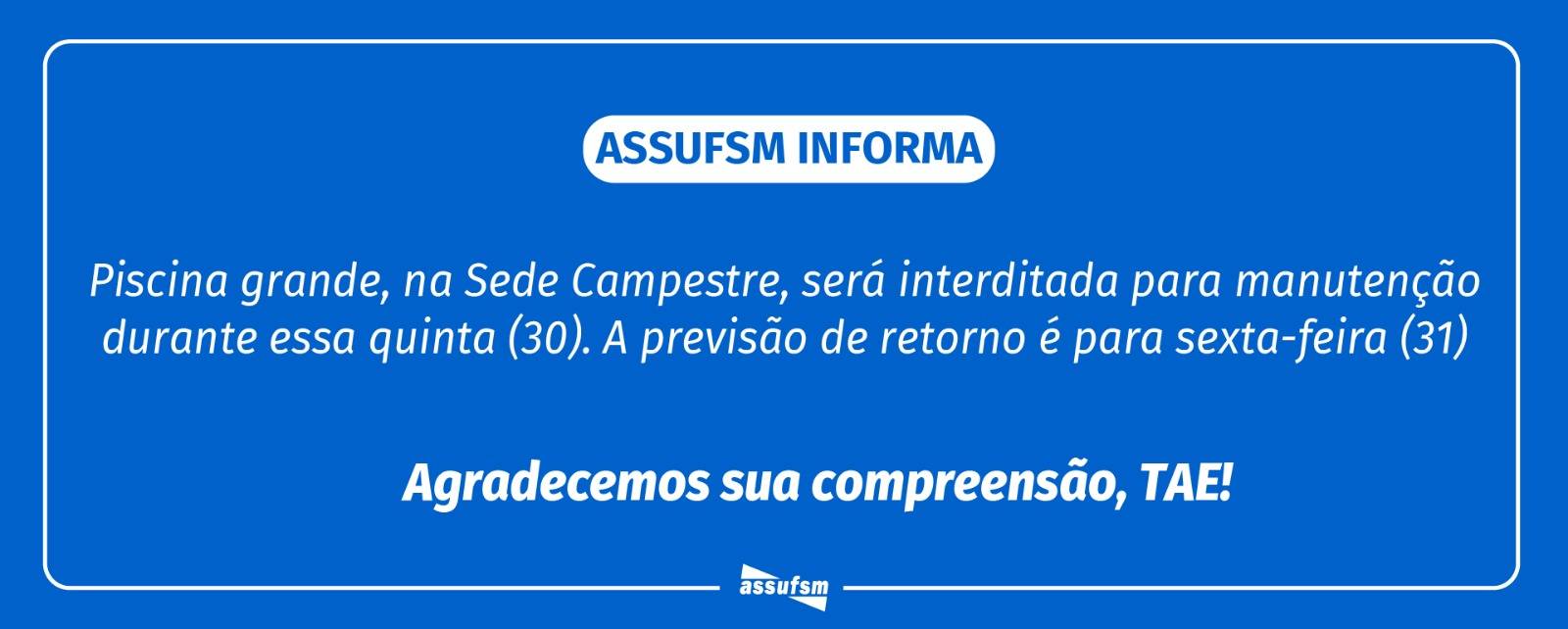 Piscina grande, na Sede Campestre, será interditada para manutenção durante essa quinta (30), retorno deve ser na sexta (31)