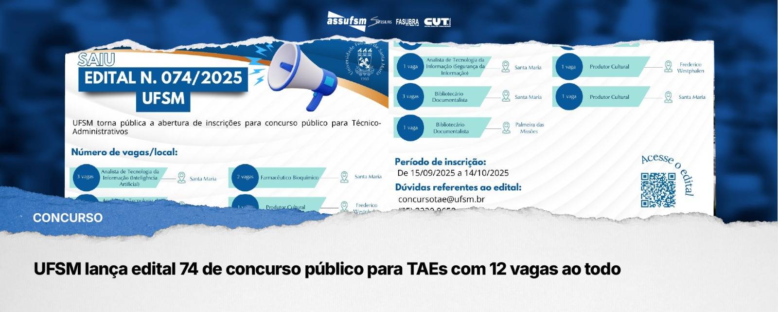 UFSM lança edital 74 de concurso público para TAEs com 12 vagas ao todo; confira