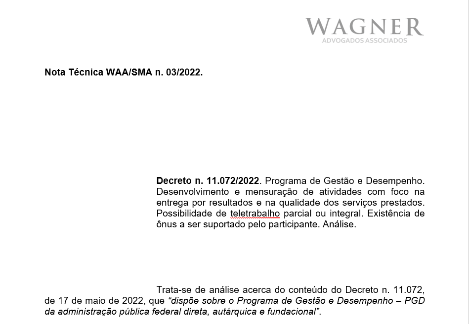 Wagner Advogados Associados faz Nota Técnica sobre Programa de Gestão e Desempenho (PGD)