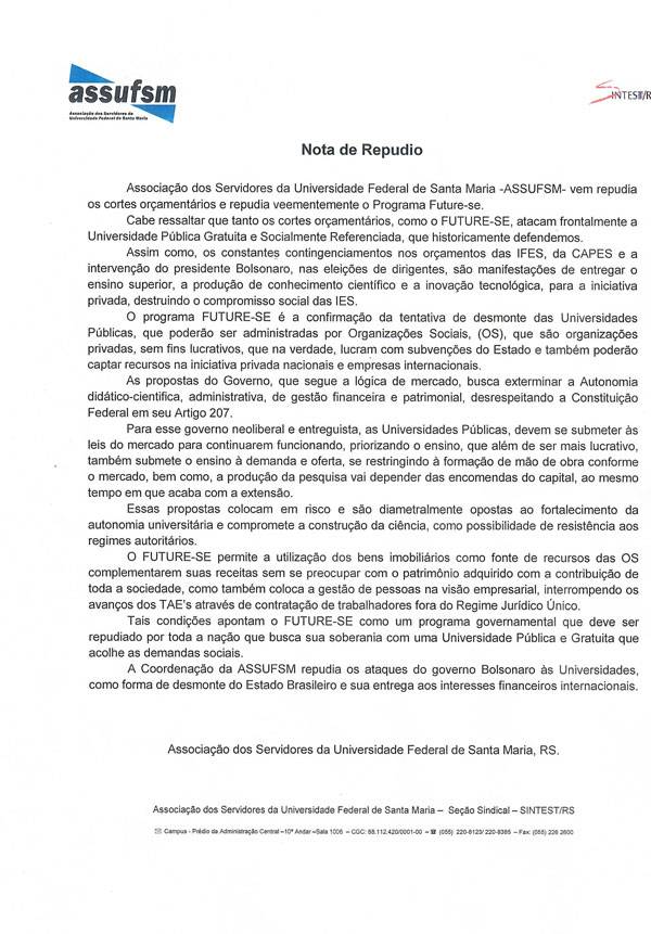 Assufsm lança nota de repúdio contra o Programa FUTURE-SE