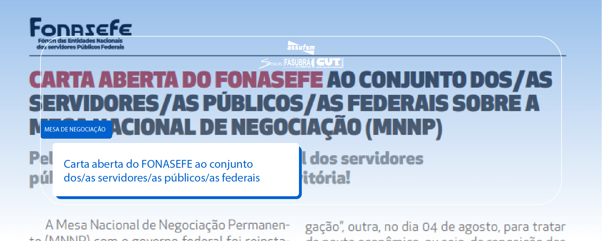 Fonasefe publica Carta Aberta ao conjunto dos/as servidores/as públicos/as federais sobre a MNNP