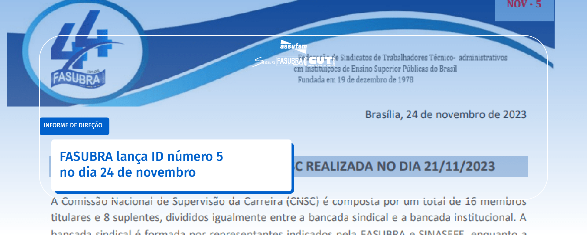 FASUBRA lança ID número 5 no dia 24 de novembro