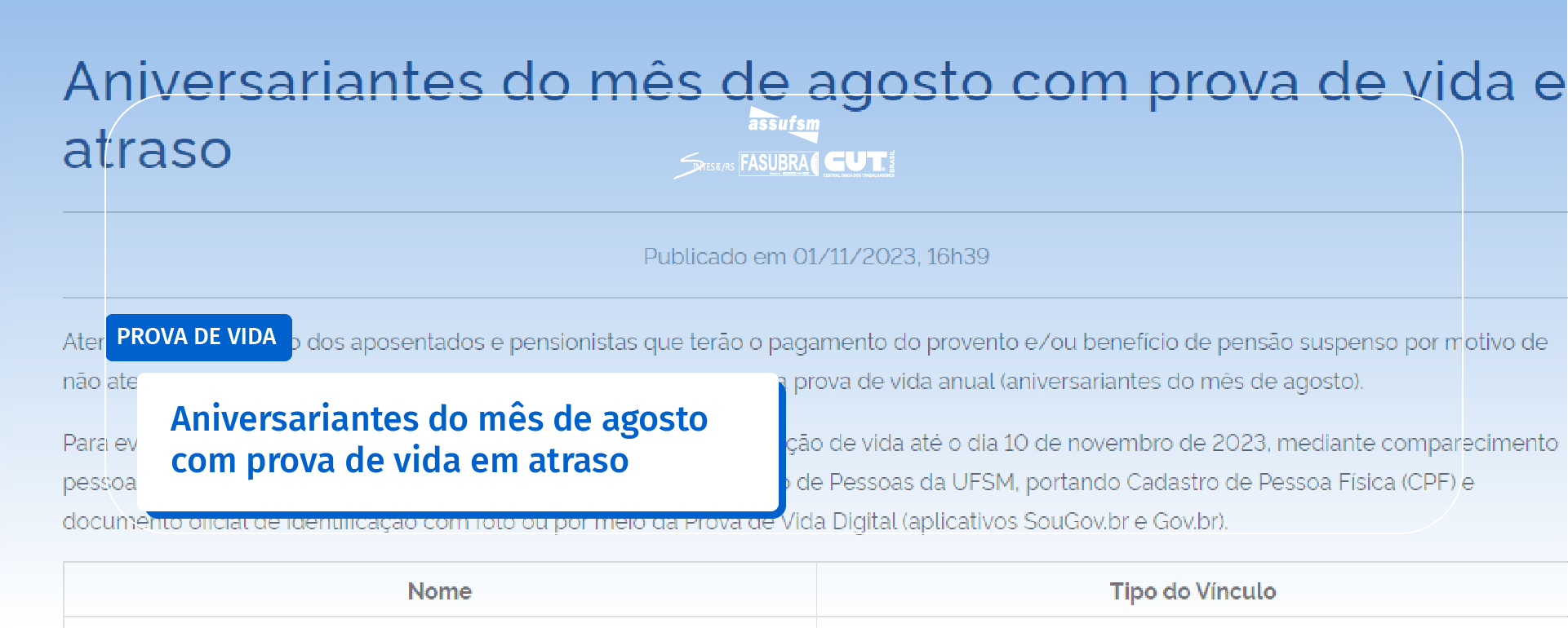 Progep divulga relação de aniversariantes do mês de agosto com prova de vida em atraso