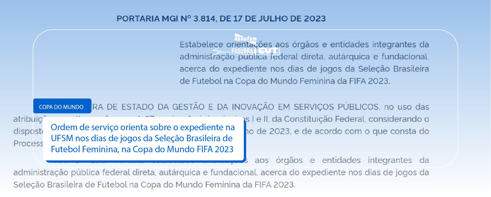 Ordem de serviço orienta sobre o expediente na UFSM nos dias de jogos da Seleção Brasileira de Futebol Feminina, na Copa do Mundo FIFA 2023