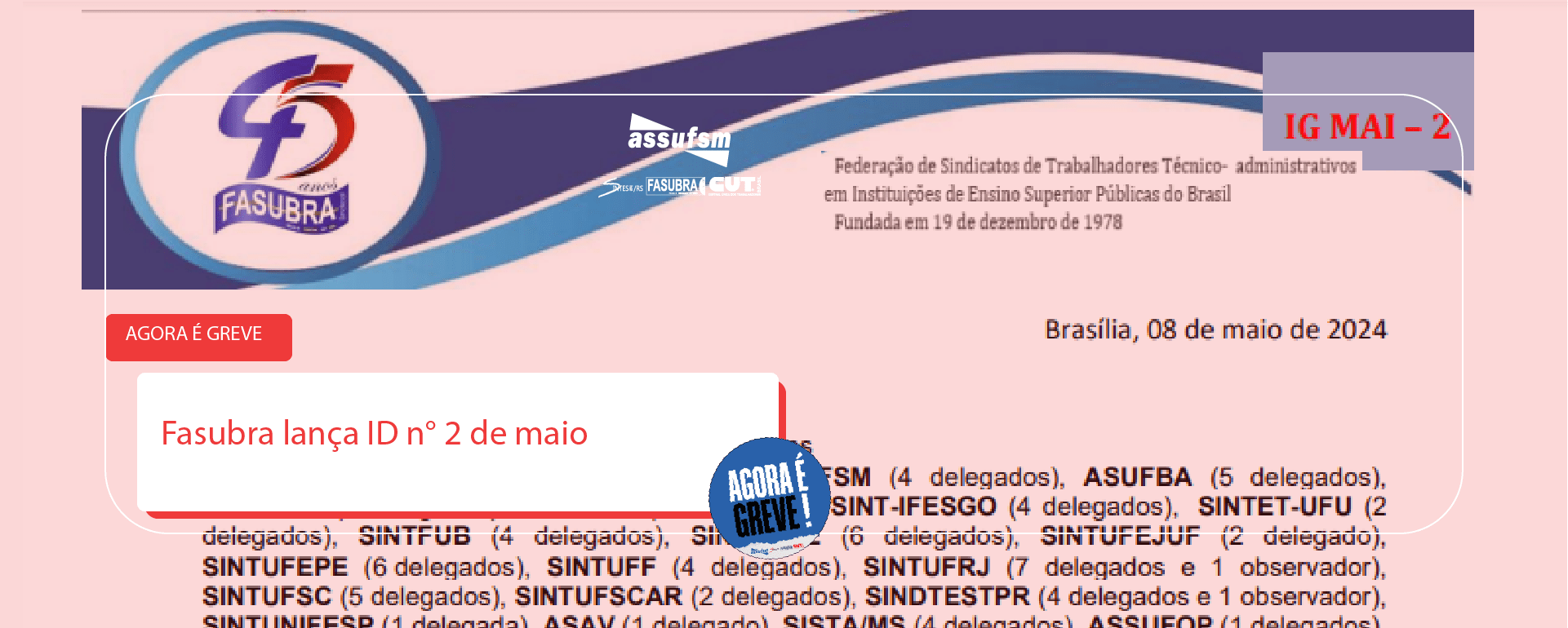 Fasubra lança ID n° 2 do mês de maio