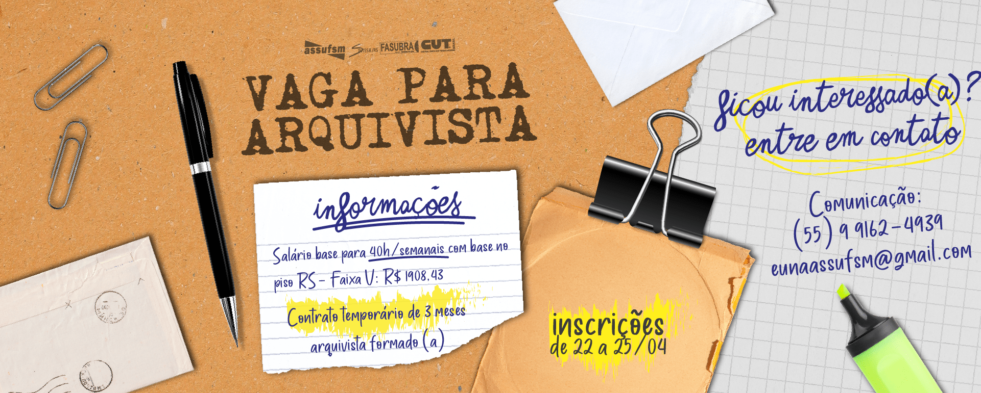Assufsm está com uma vaga para arquivista aberta; inscrições vão de 22 a 25 de abril