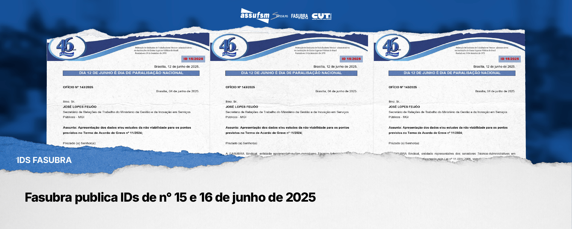 Fasubra publica IDs de n° 15 e 16 de junho de 2025