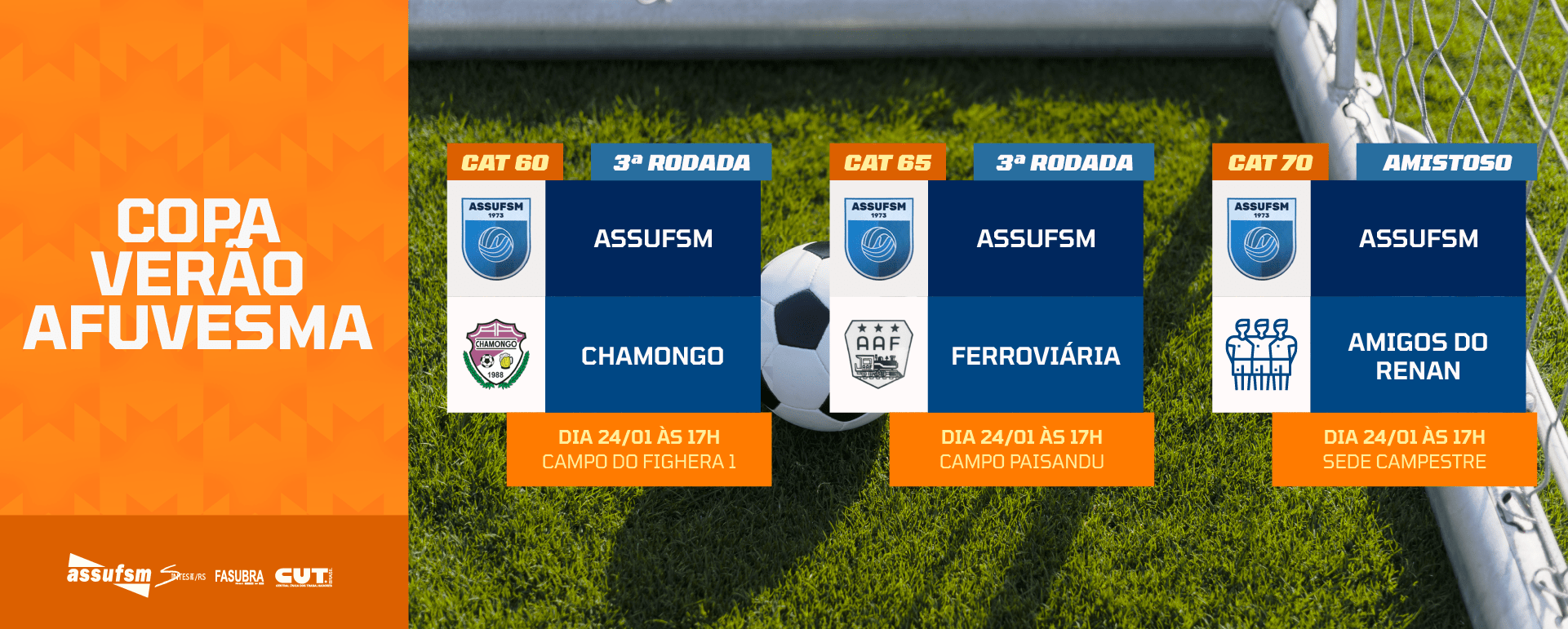 FUTEBOL: Confira os jogos das categorias 60, 65 e 70 anos da Assufsm na Copa Verão AFUVESMA 2026 para o próximo sábado (24)