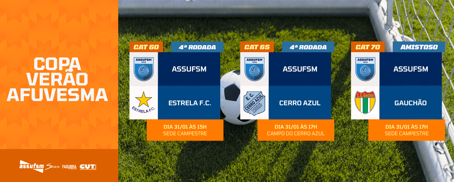 FUTEBOL: Confira os jogos das categorias 60, 65 e 70 anos da Assufsm na Copa Verão AFUVESMA 2026 para o próximo sábado (31)