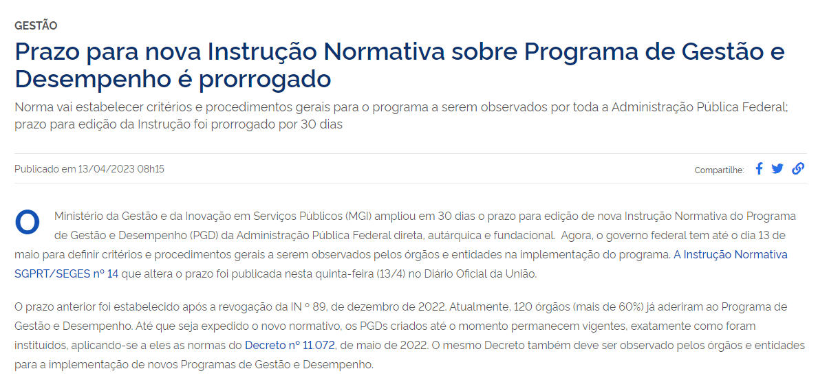Prazo para nova Instrução Normativa sobre Programa de Gestão e Desempenho é prorrogado