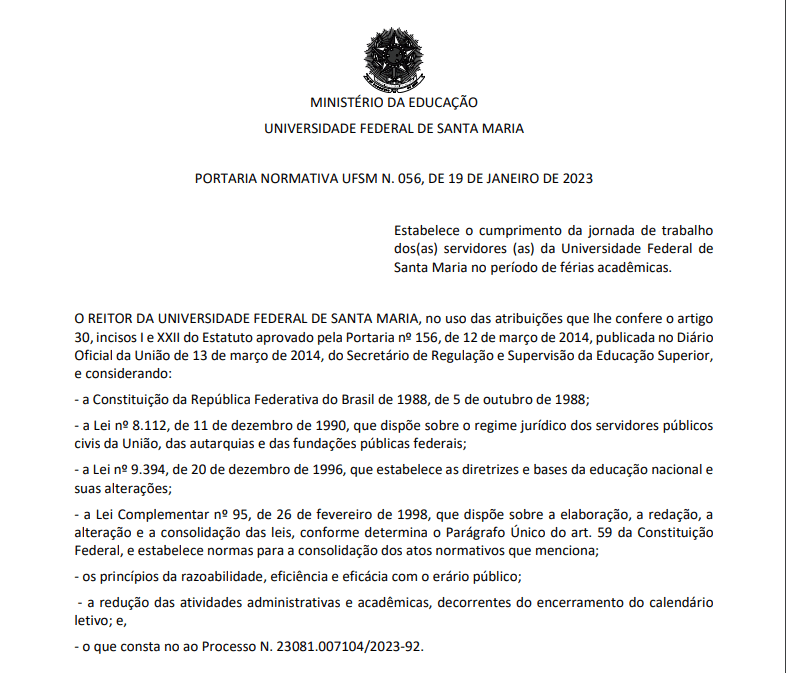 UFSM envia memorando à Assufsm e aprova portaria sobre jornada de trabalho presencial dos servidores no período de férias acadêmicas