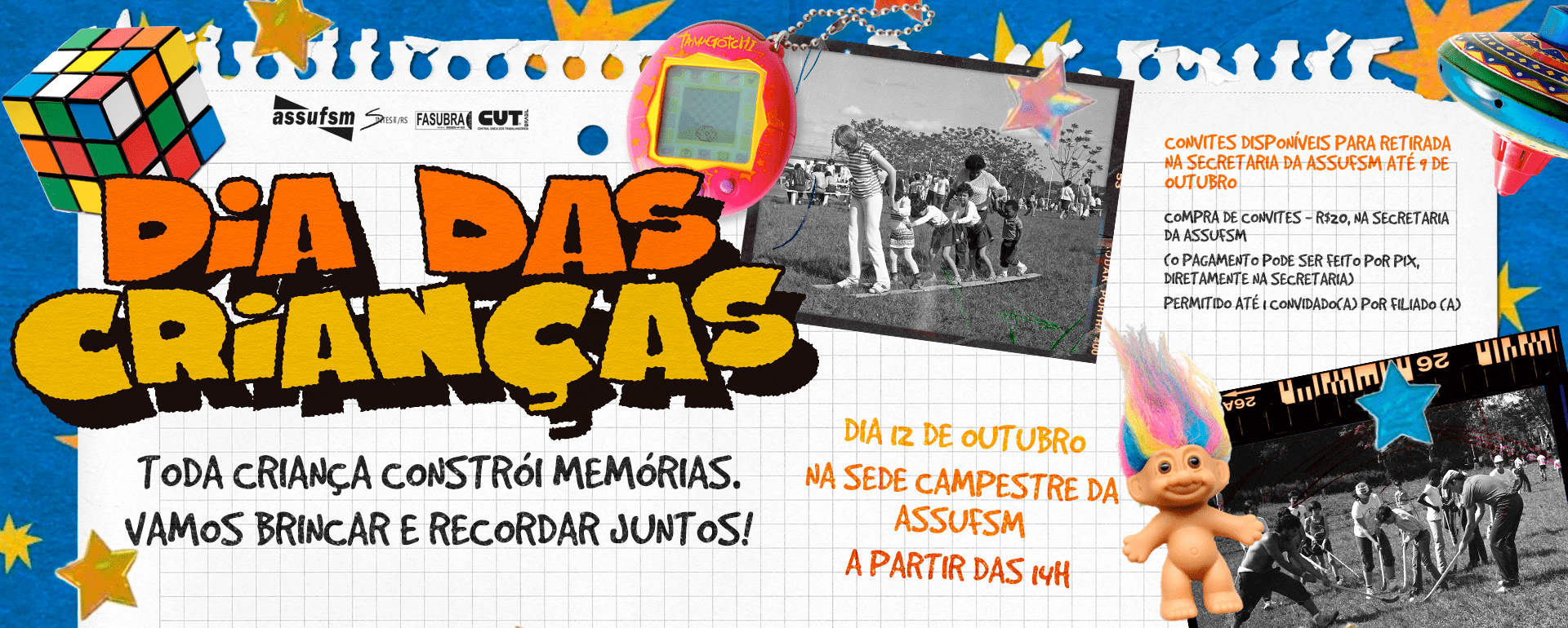 Assufsm promove festa de Dia das Crianças no dia 12 de outubro; convites podem ser retirados até o dia 9 de outubro na secretaria