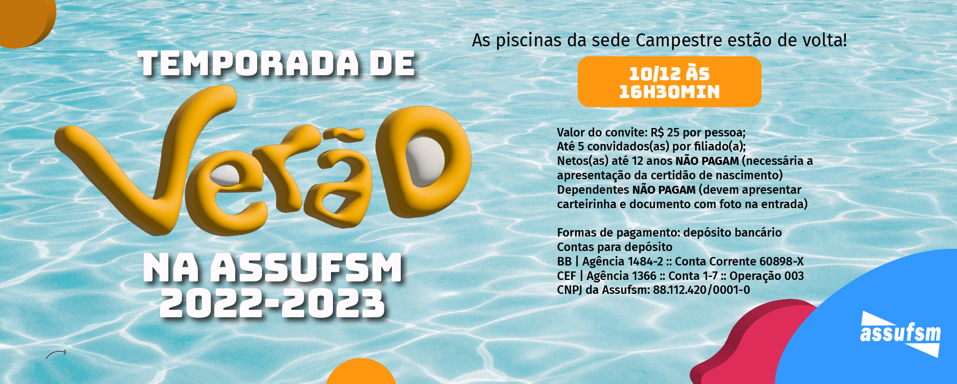 ATENÇÃO TAE: Saiba as principais informações da Temporada 2022/2023 e como comprar convites para utilizar as piscinas na Sede Campestre da Assufsm