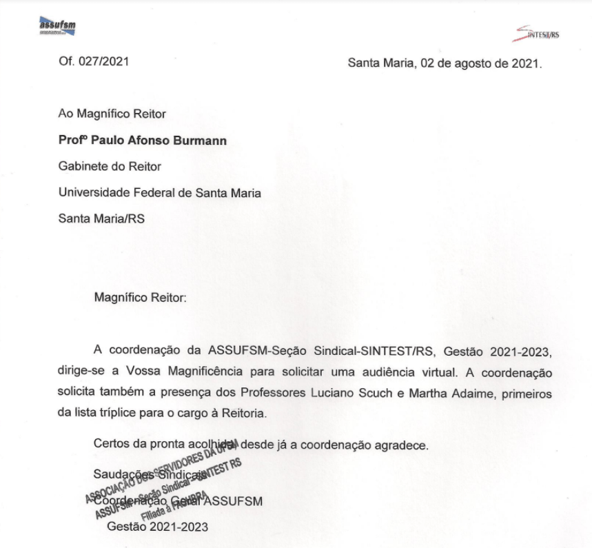 Assufsm realiza Audiência com Reitoria, PROGEP e Chapa Eleita na Lista Tríplice