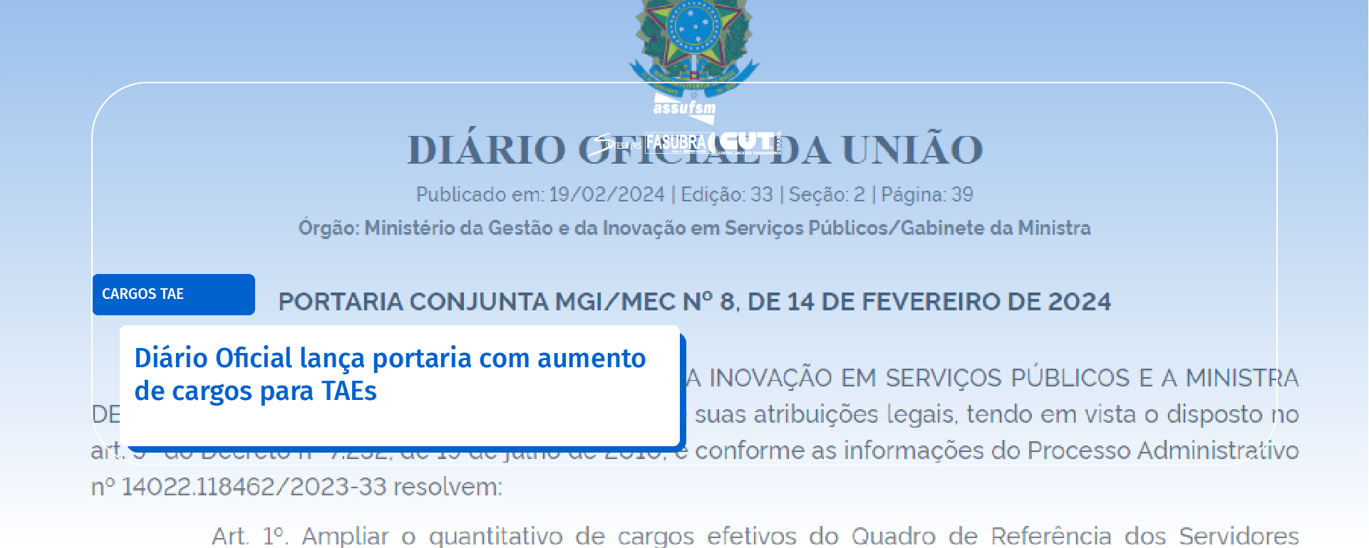 Diário Oficial lança portaria com aumento de cargos para TAEs