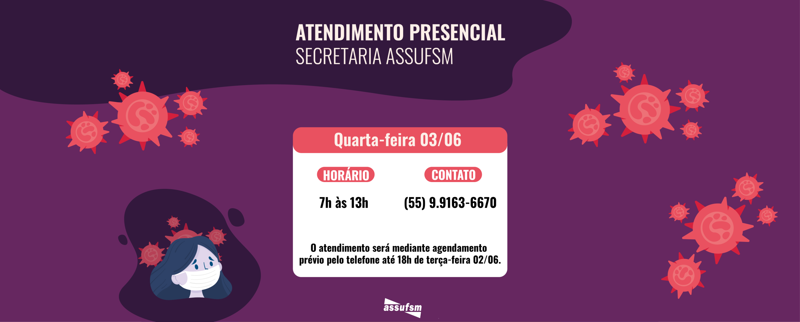 Secretaria da Assufsm fará plantão presencial na quarta-feira (03)