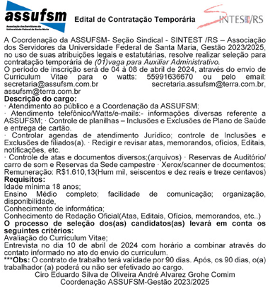 Assufsm abre edital para contratação de auxiliar administrativo(a)