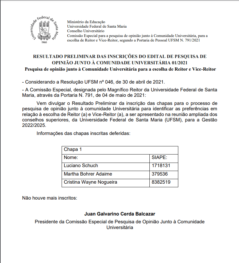 UFSM divulga resultado preliminar das inscrições de chapas para a pesquisa de opinião para sucessão da reitoria