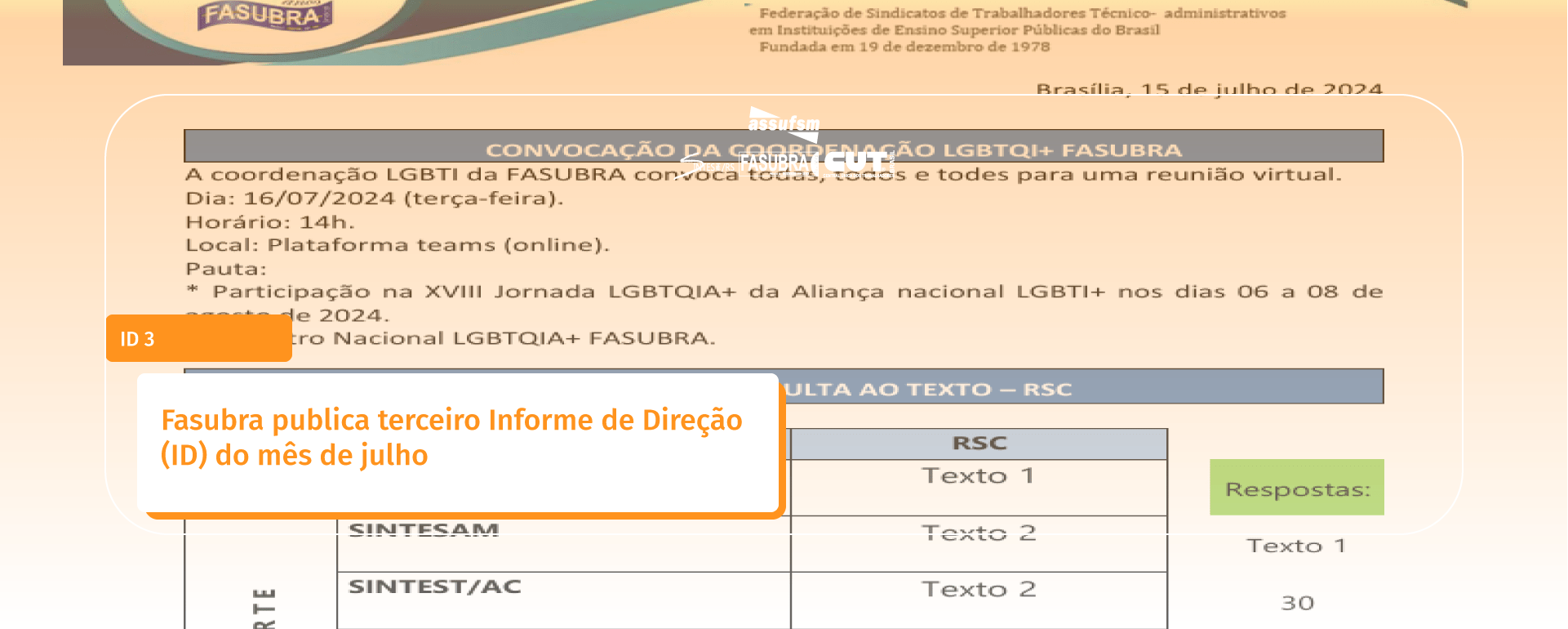 Fasubra publica terceiro Informe de Direção (ID) do mês de julho