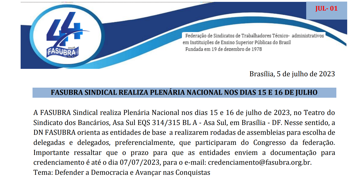 FASUBRA Sindical lança ID de julho; confira