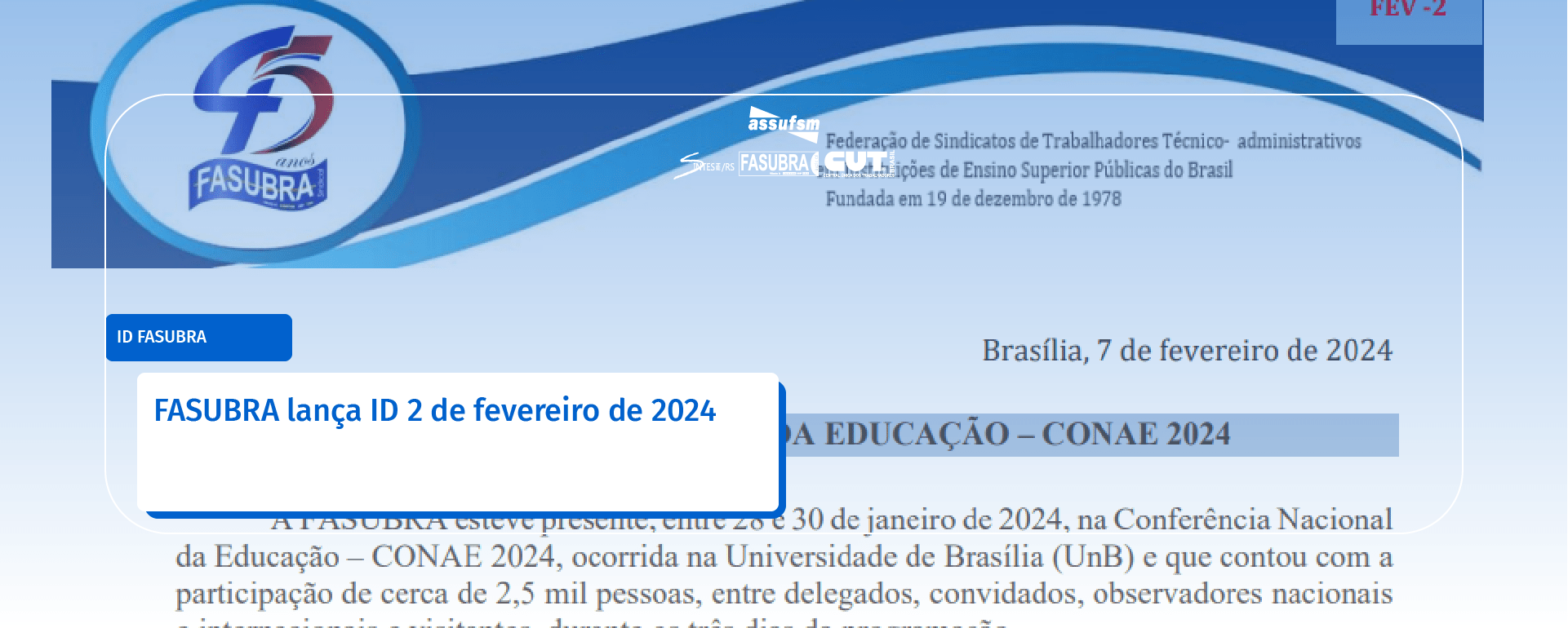 FASUBRA lança ID 2 de fevereiro de 2024