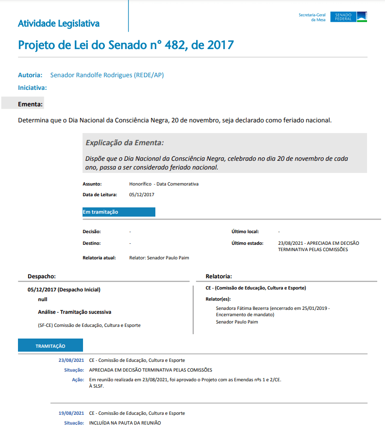 Projeto de Lei tramita no Senado pelo feriado Nacional do Dia de Zumbi e da Consciência Negra