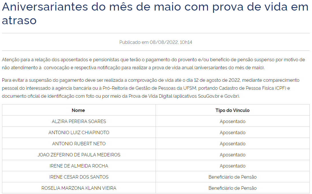 PROGEP Informa: Aniversariantes de maio, com prova de vida em atraso, tem até 12 de agosto para regularizar situação