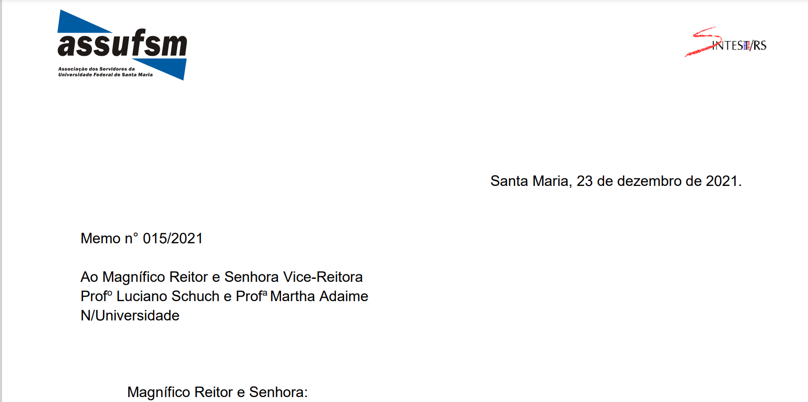 Assufsm envia memorando solicitando diálogo com a nova gestão da UFSM