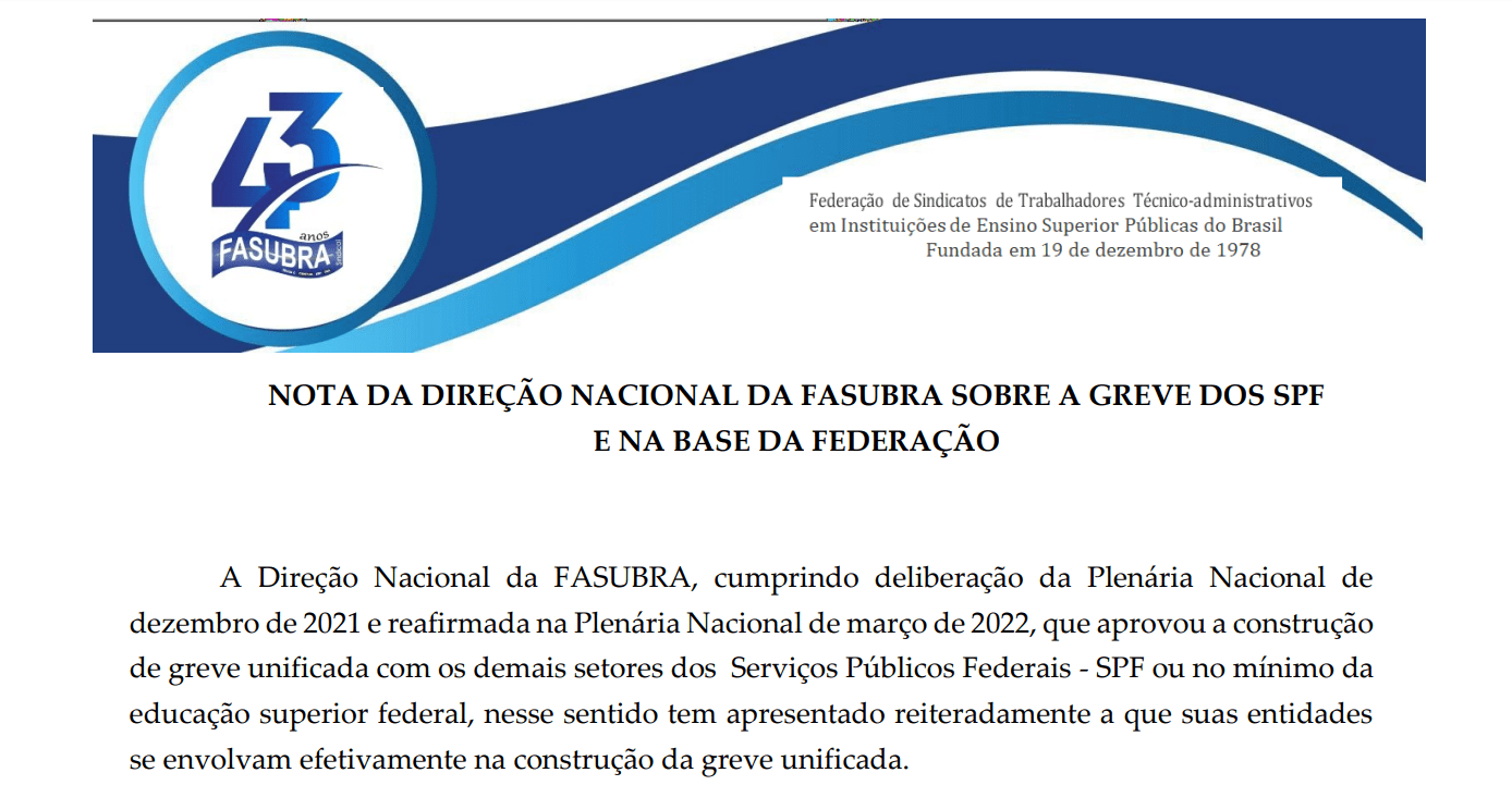 FASUBRA divulga nota da Direção sobre greve unificada dos e das SPFs da educação