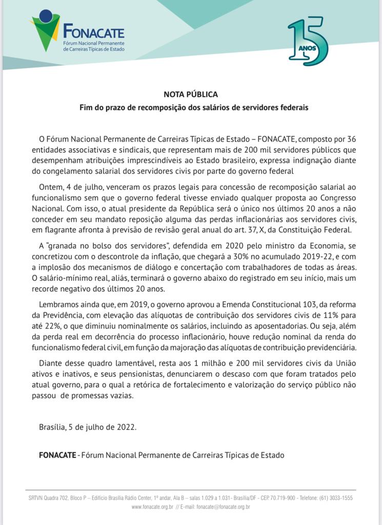 Nota Pública FONACATE: Fim do prazo de recomposição dos salários de servidores(as) federais