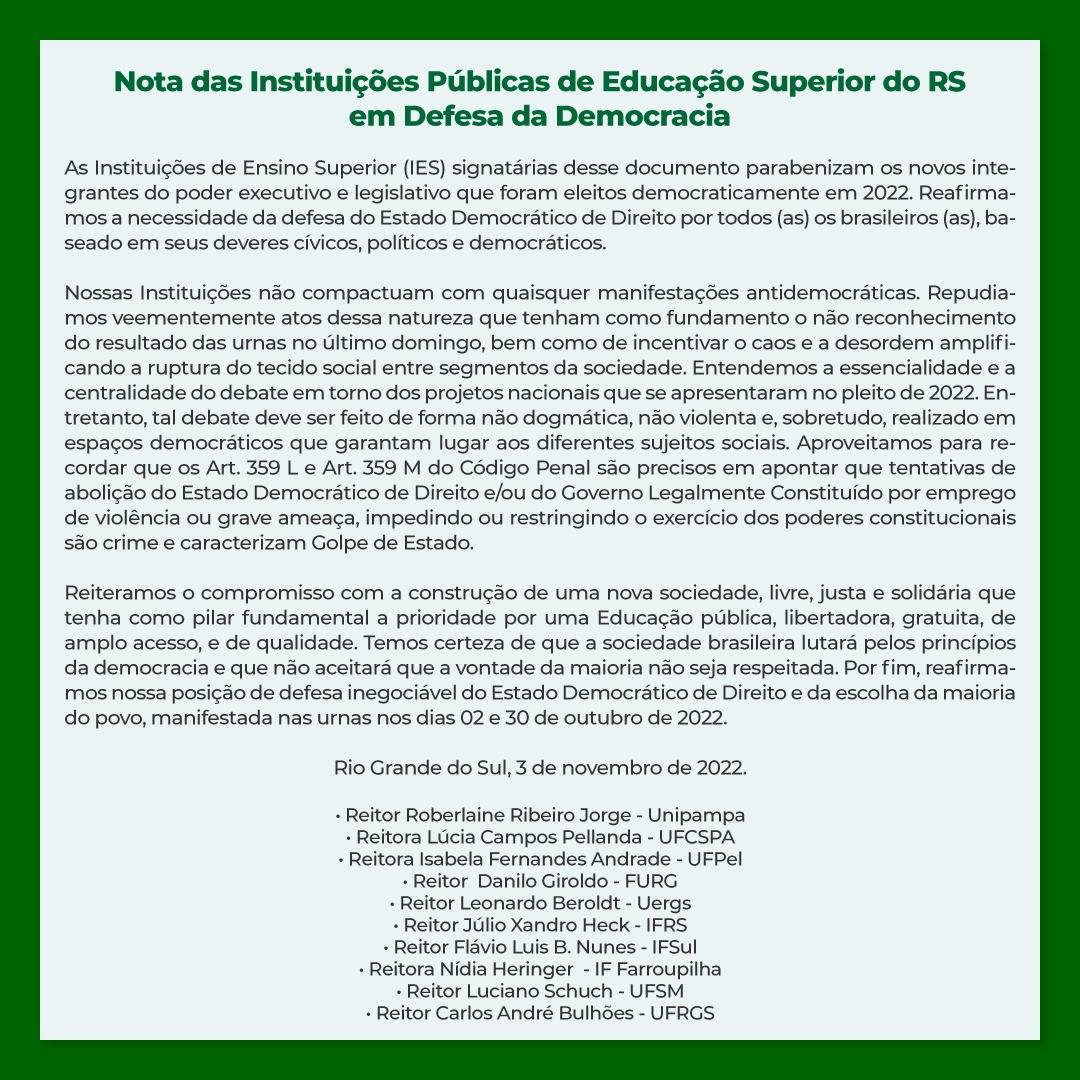 UFSM e outras instituições públicas do RS publicam nota em Defesa da Democracia