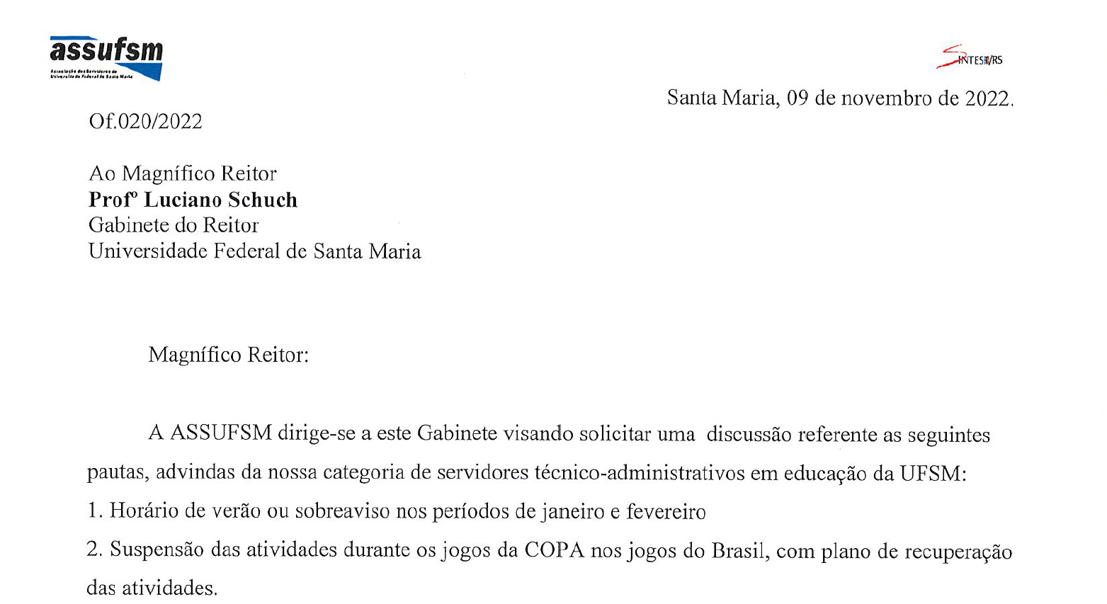 Assufsm protocola, junto à Reitoria da UFSM, pedido de horário de verão e suspensão de atividades nos dias dos jogos da Seleção Brasileira, na COPA