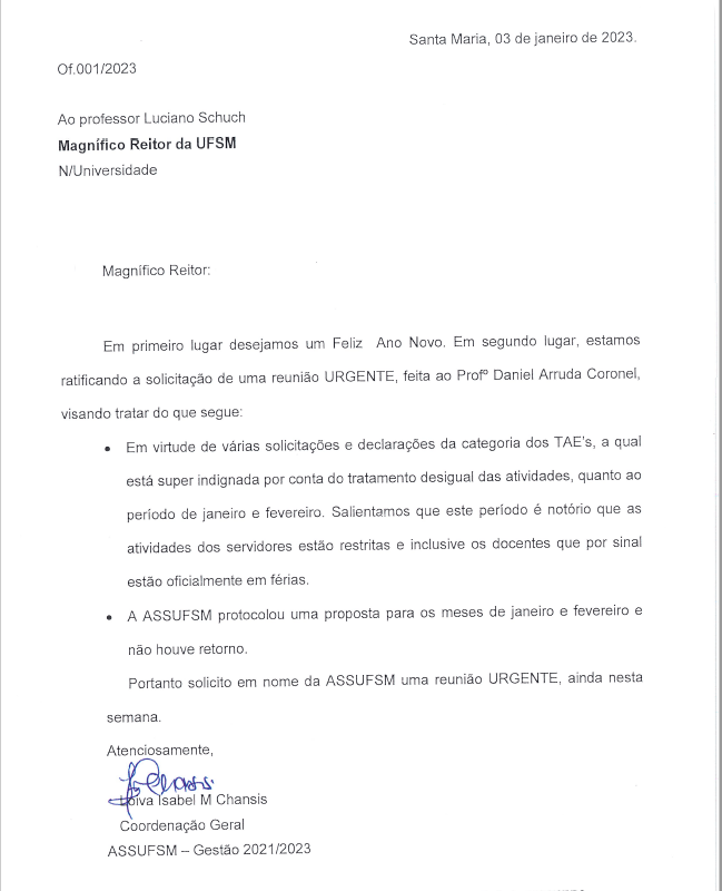 Assufsm protocola ofício à Reitoria solicitando adesão ao horário de verão