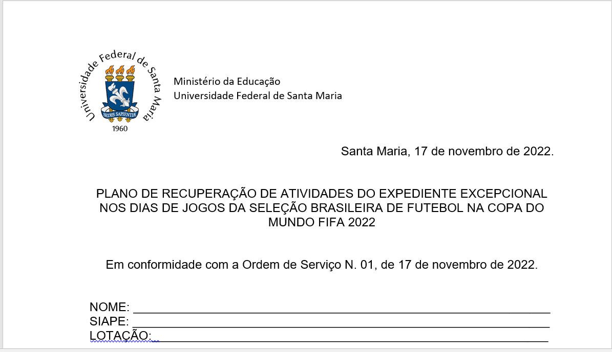 Plano de Recuperação de Atividades para os dias de jogos da Seleção Brasileira na COPA de 2022 já está disponível