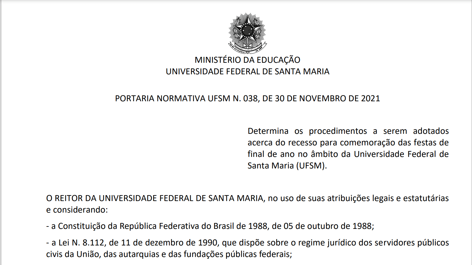 UFSM estabelece normas para servidores(as) durante o recesso de fim de ano