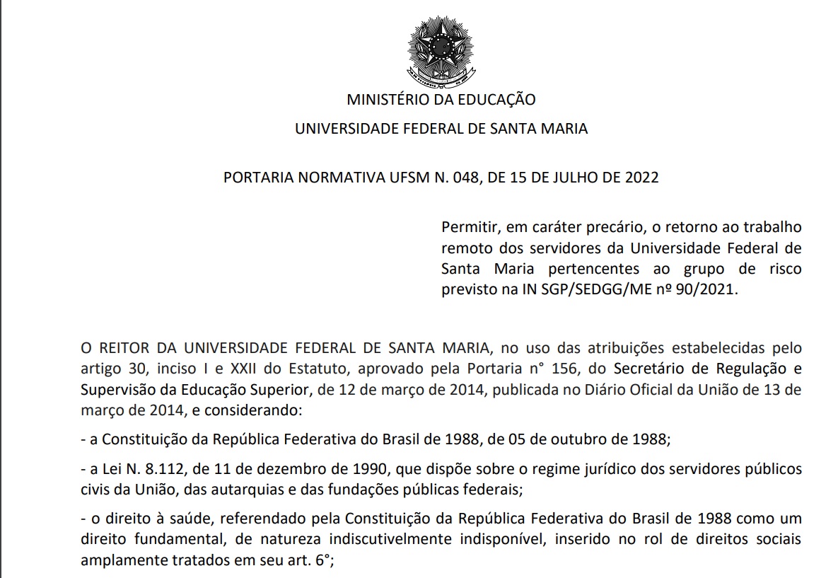 UFSM: Portaria permite a volta ao trabalho remoto para servidores(as) do grupo de risco para a Covid-19
