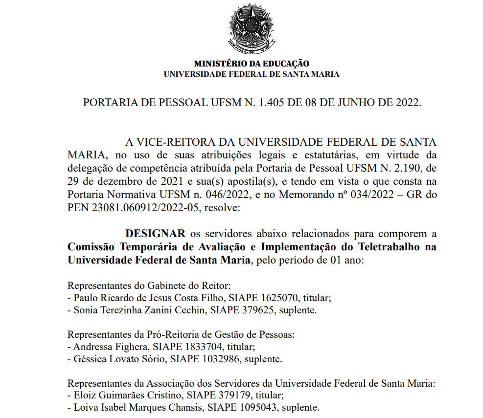 Portaria que nomeia a Comissão de Teletrabalho na UFSM é divulgada
