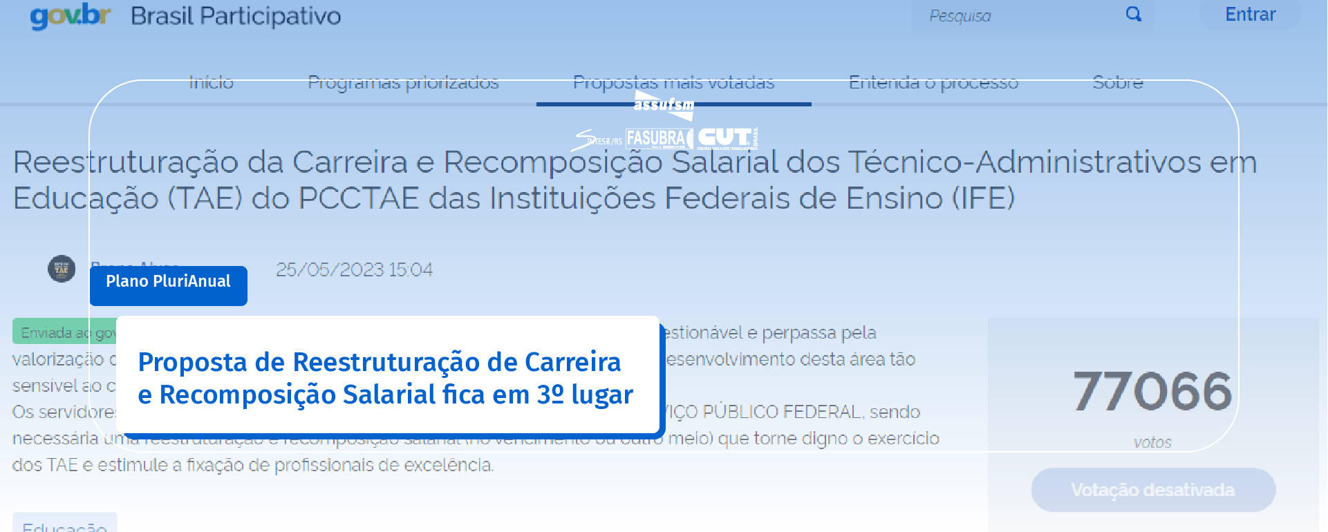 PPA Participativo: proposta de Reestruturação de Carreira TAE e Recomposição Salarial fica em terceiro lugar