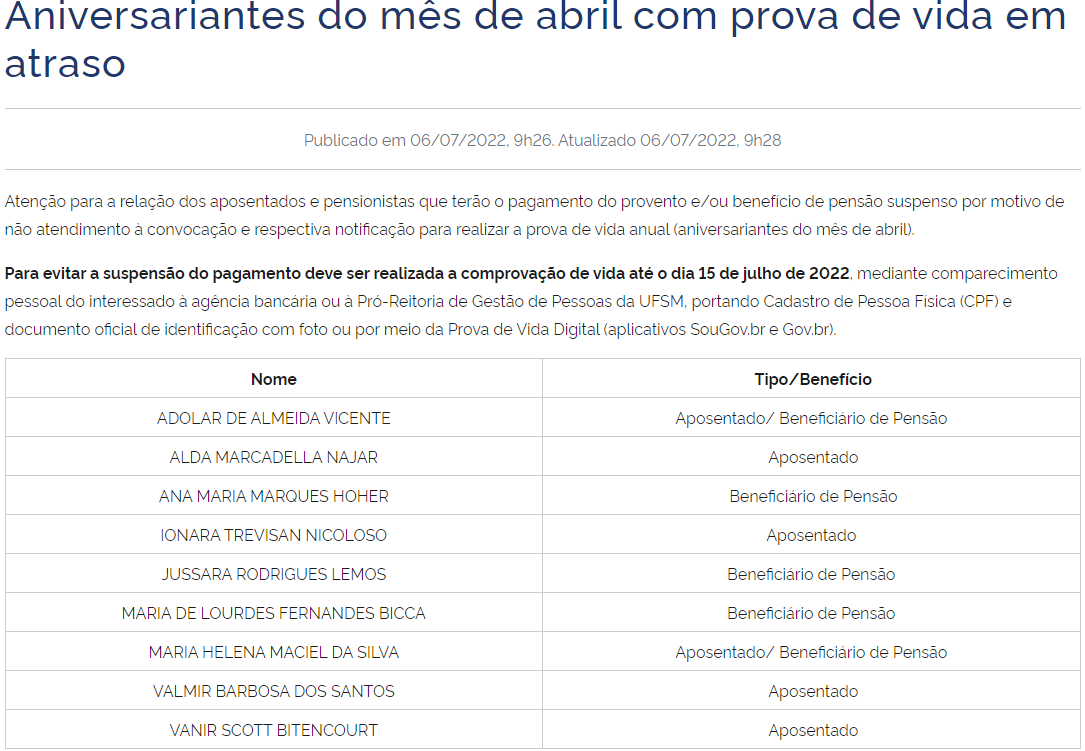 PROGEP Informa: Aniversariantes do mês de abril, com atraso na prova de vida, tem até 15 de julho para regularizar a situação